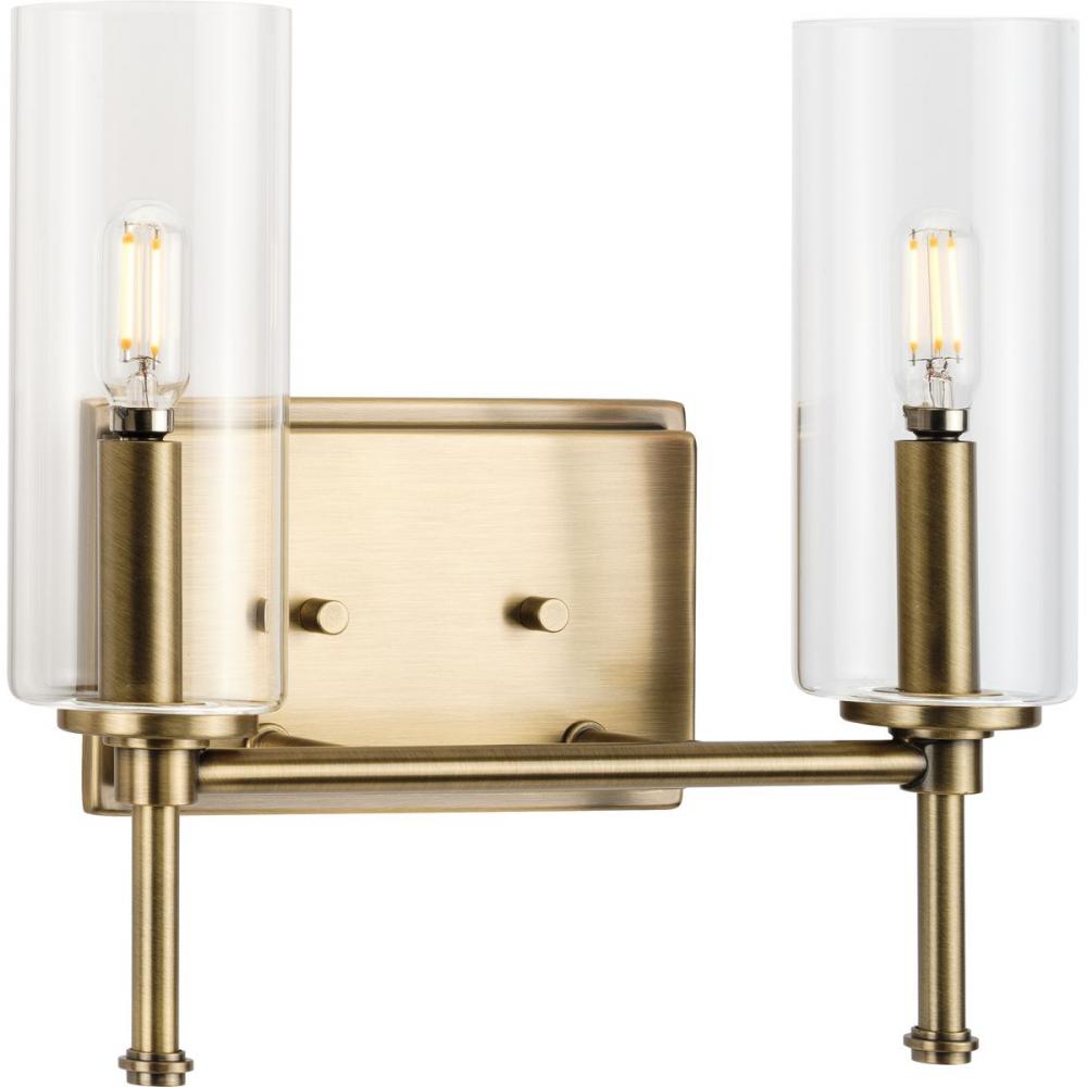 Elara Collection Two-Light New Traditional Vintage Brass Clear Glass Bath Vanity Light