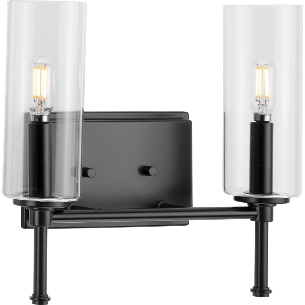 Elara Collection Two-Light New Traditional Matte Black Clear Glass Bath Vanity Light