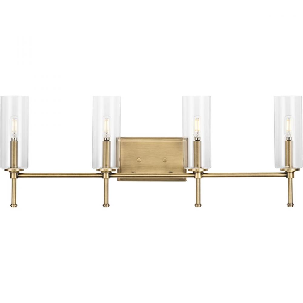 Elara Collection Four-Light New Traditional Vintage Brass Clear Glass Bath Vanity Light