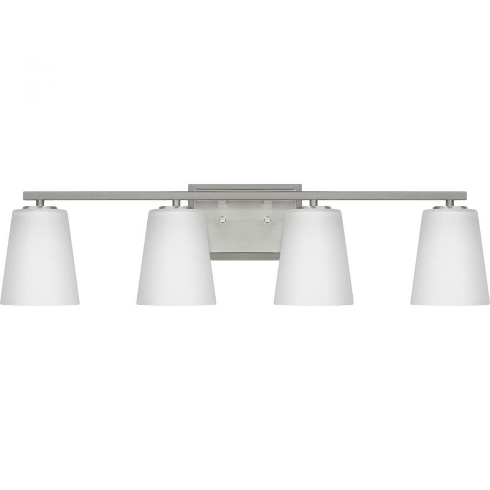 Vertex Collection Four-Light Brushed Nickel Etched White Glass Contemporary Bath Light