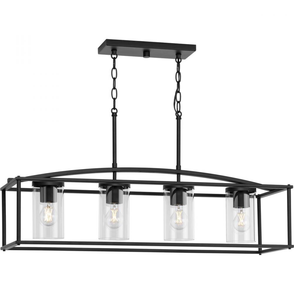 Swansea Collection Four-Light Three 6" Matte Black Transitional Outdoor Chandelier with Clear Gl
