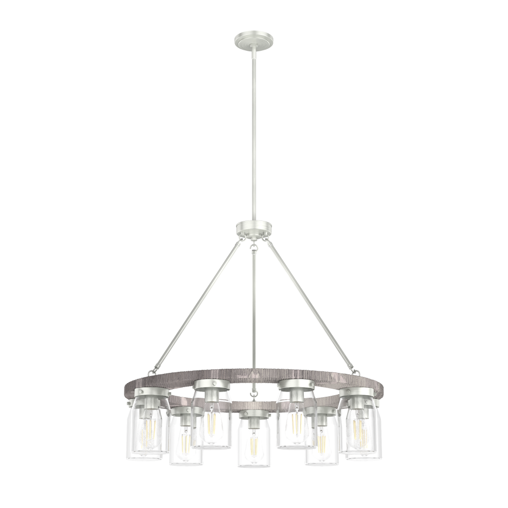 Hunter Devon Park Brushed Nickel and Grey Wood with Clear Glass 9 Lt Chandelier Ceiling Lt Fixture