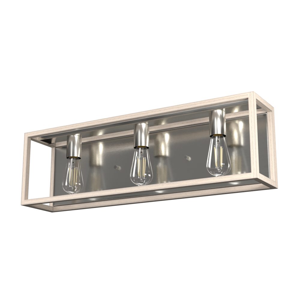 Hunter Squire Manor Brushed Nickel and Bleached Wood 3 Light Bathroom Vanity Wall Light Fixture